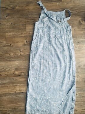 VTG Dennis Goldsmith 100% Linen Floral Overall Dress Pinafore Maxi Blue Sz 12